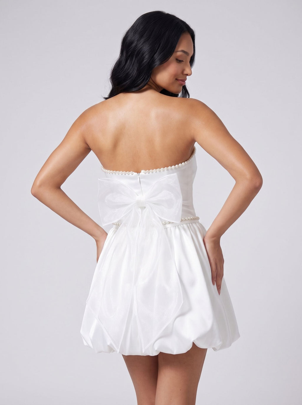 White Satin A-Line Straight Neck Back Zip Short Dress with Pearl Trim - Curvevia