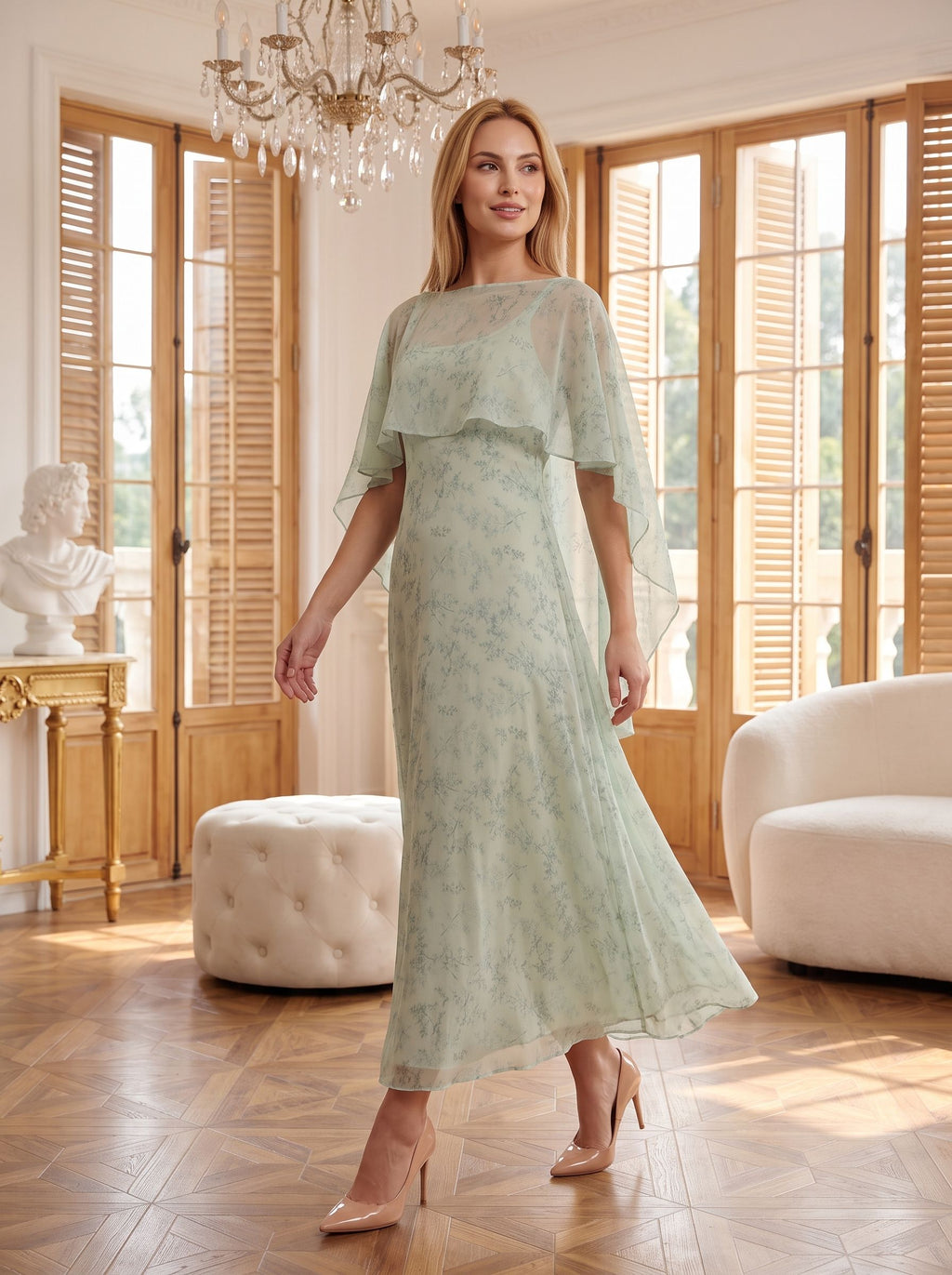 Dusty Sage Chiffon A-Line V-Neck Back Zip Floor-Length Dress with Cape - Curvevia