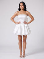 White Satin A-Line Straight Neck Back Zip Short Dress with Pearl Trim - Curvevia