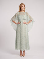 Dusty Sage Chiffon A-Line V-Neck Back Zip Floor-Length Dress with Cape - Curvevia