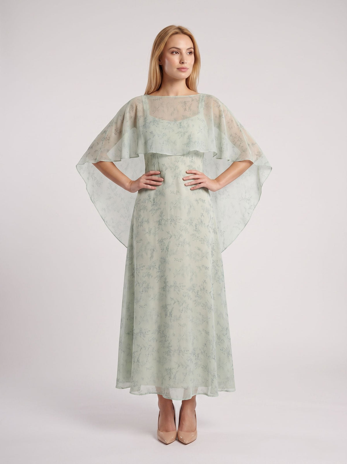 Dusty Sage Chiffon A-Line V-Neck Back Zip Floor-Length Dress with Cape - Curvevia