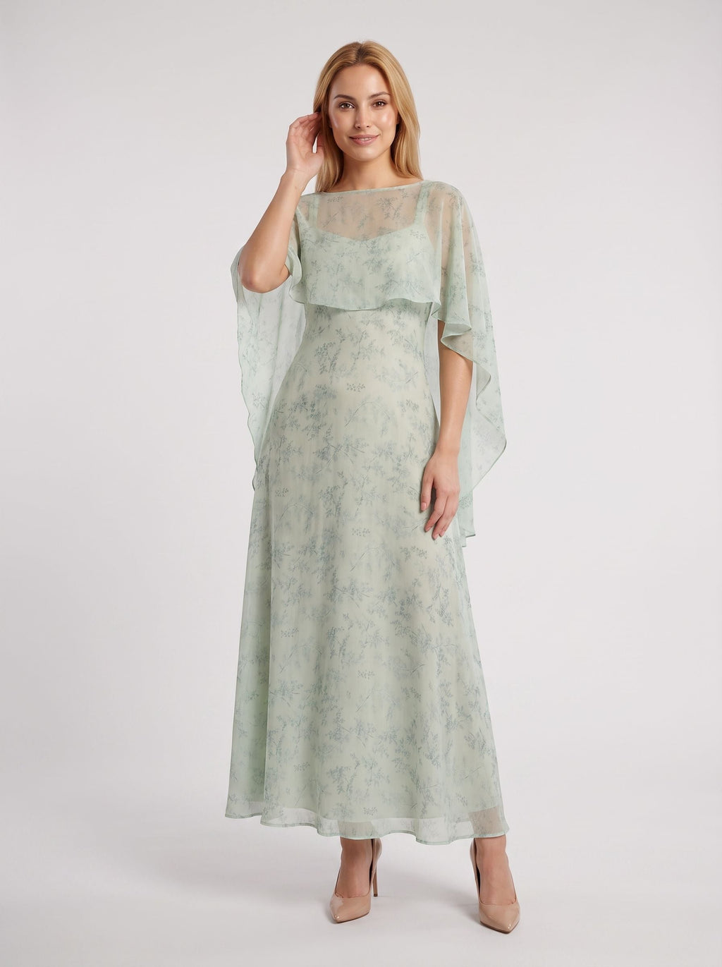 Dusty Sage Chiffon A-Line V-Neck Back Zip Floor-Length Dress with Cape - Curvevia