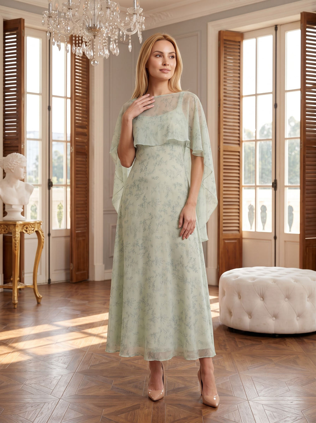 Dusty Sage Chiffon A-Line V-Neck Back Zip Floor-Length Dress with Cape - Curvevia
