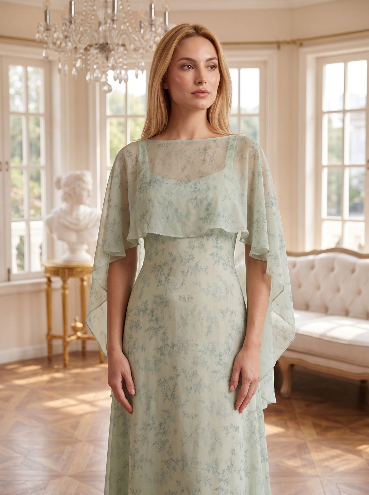 Dusty Sage Chiffon A-Line V-Neck Back Zip Floor-Length Dress with Cape - Curvevia