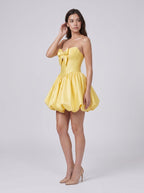Daffodil Satin A-Line Sweetheart Neck Back Zip Short Dress with Pleated Hem Bow - Curvevia