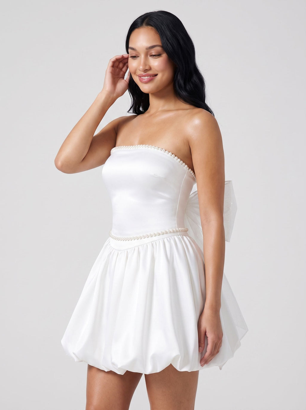 White Satin A-Line Straight Neck Back Zip Short Dress with Pearl Trim - Curvevia