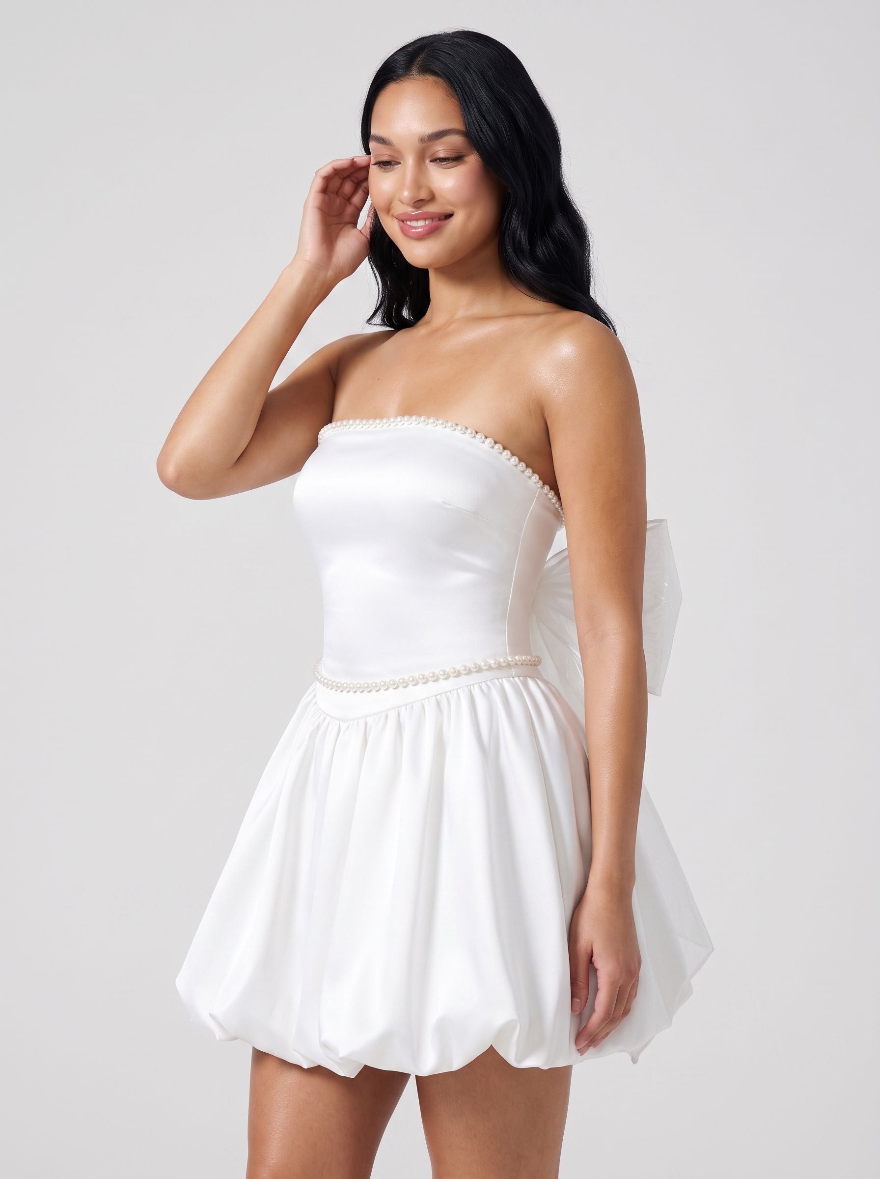 White Satin A-Line Straight Neck Back Zip Short Dress with Pearl Trim - Curvevia