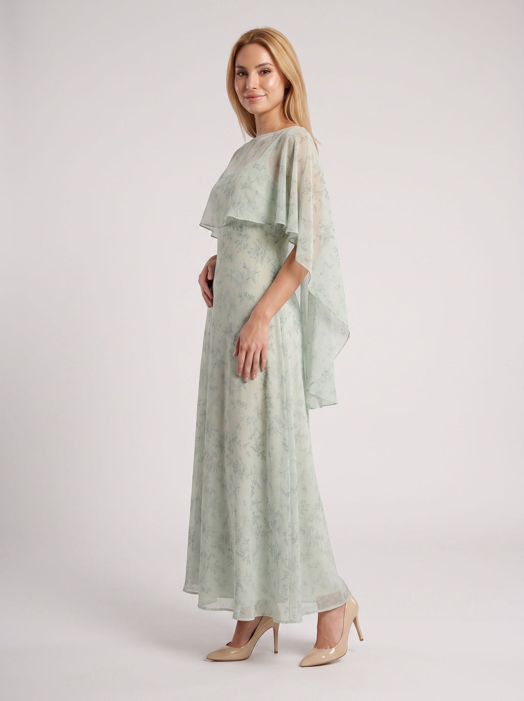 Dusty Sage Chiffon A-Line V-Neck Back Zip Floor-Length Dress with Cape - Curvevia