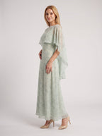 Dusty Sage Chiffon A-Line V-Neck Back Zip Floor-Length Dress with Cape - Curvevia