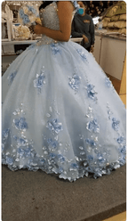 Sky Blue 3D Appliques Off The Shoulder Ball Gown Quinceanera Dresses - Curvevia