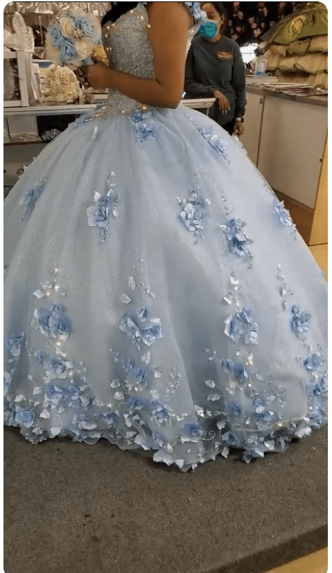 Sky Blue 3D Appliques Off The Shoulder Ball Gown Quinceanera Dresses - Curvevia