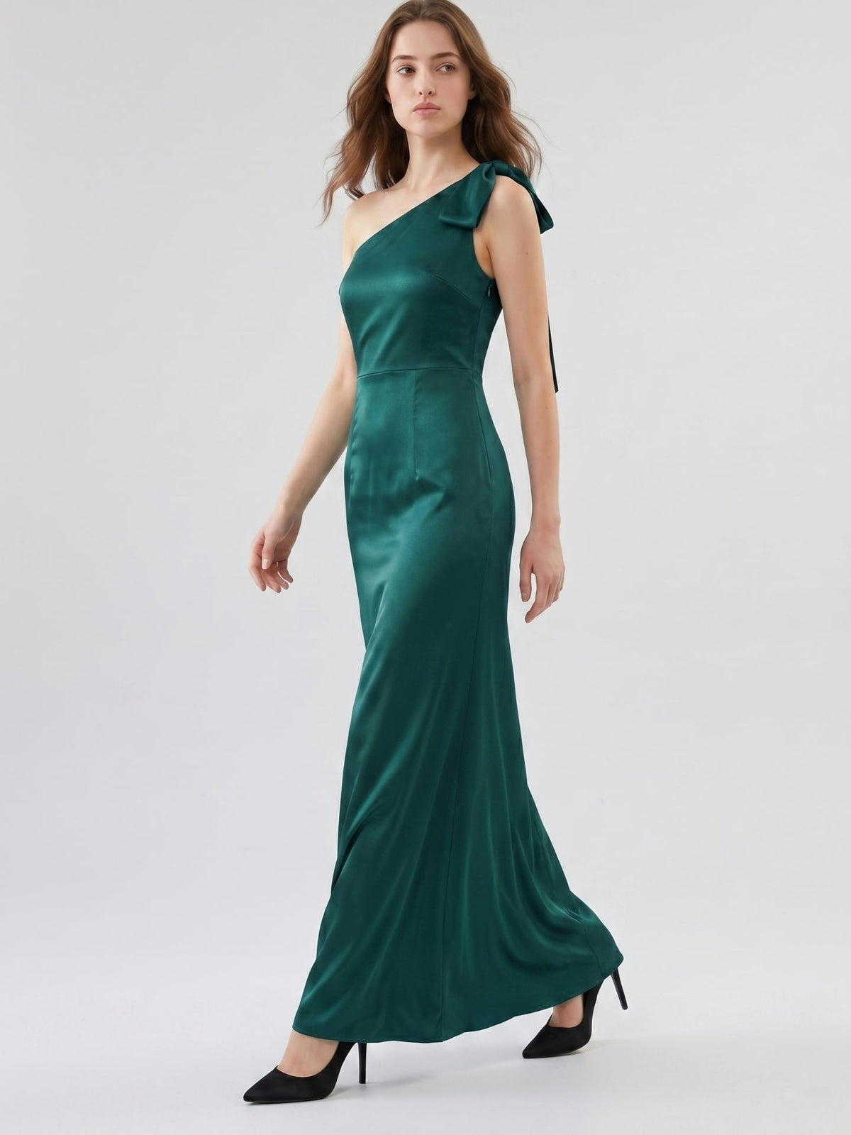 Peacock Satin Sheath One Shoulder Side Zip Floor-Length Bridesmaid Dress with Bow - Curvevia