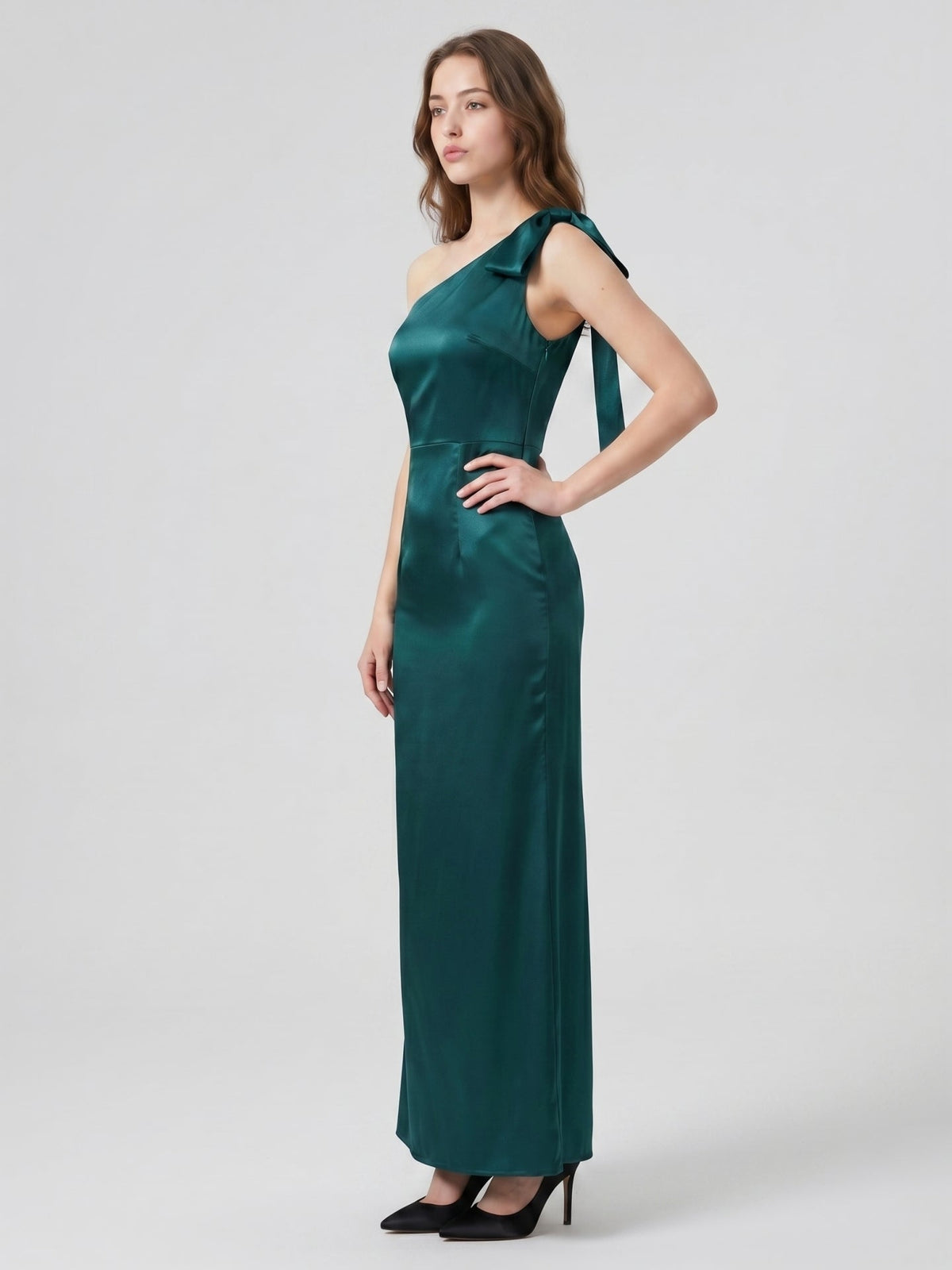Peacock Satin Sheath One Shoulder Side Zip Floor-Length Bridesmaid Dress with Bow - Curvevia