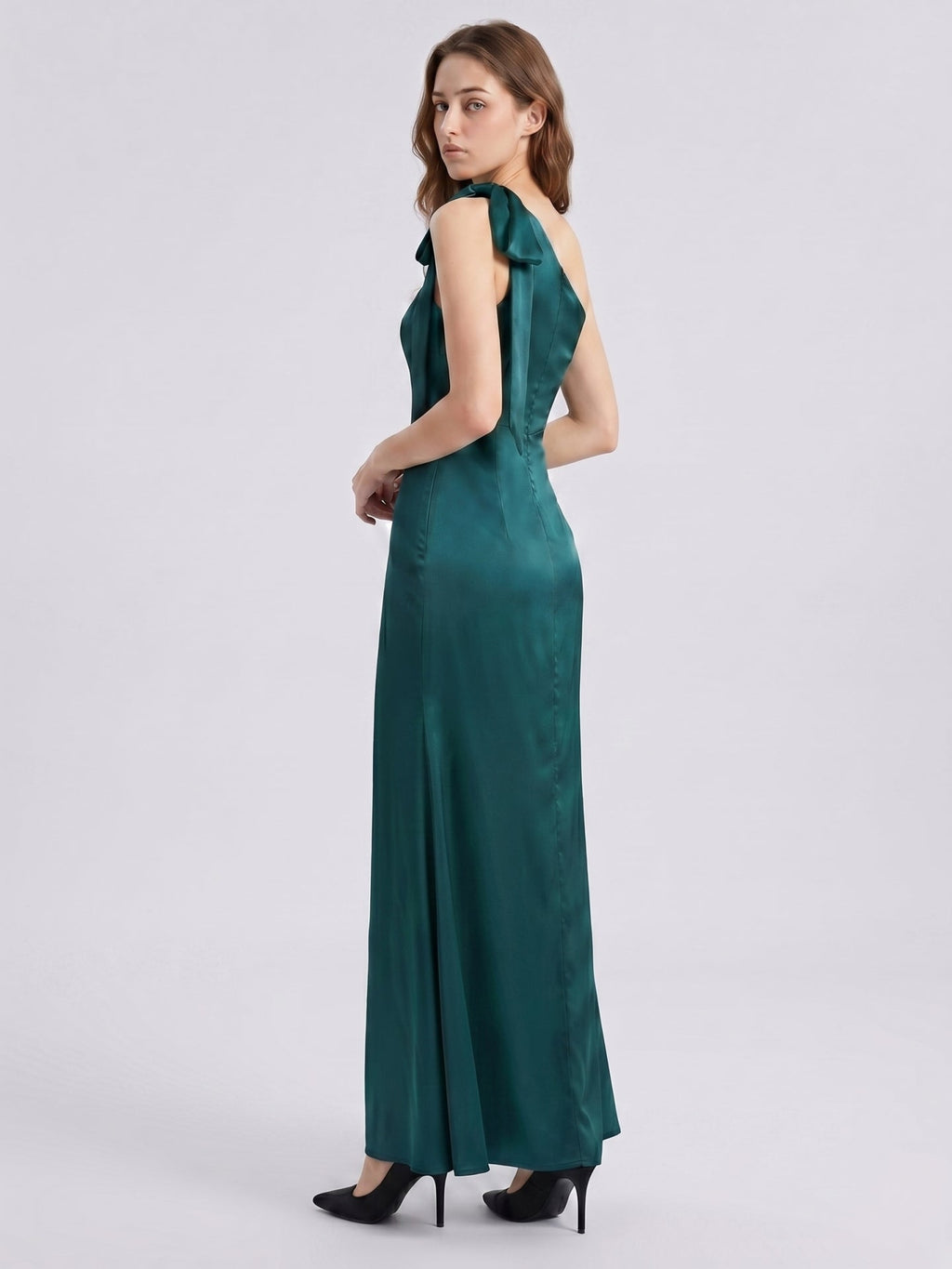 Peacock Satin Sheath One Shoulder Side Zip Floor-Length Bridesmaid Dress with Bow - Curvevia