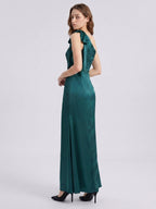 Peacock Satin Sheath One Shoulder Side Zip Floor-Length Bridesmaid Dress with Bow - Curvevia