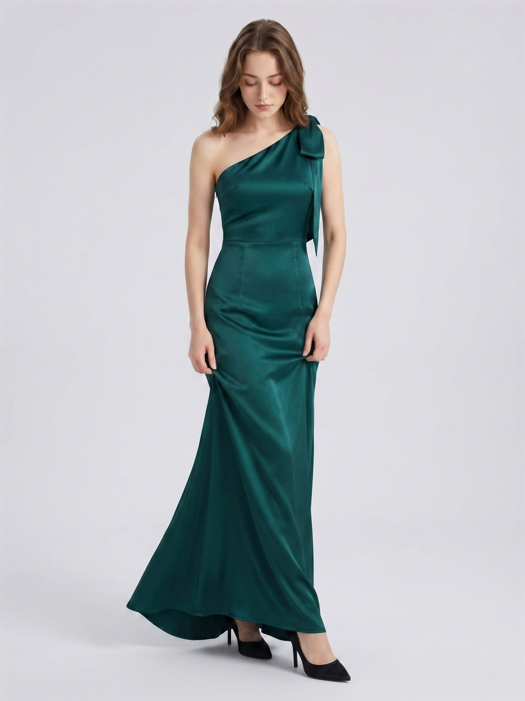 Peacock Satin Sheath One Shoulder Side Zip Floor-Length Bridesmaid Dress with Bow - Curvevia