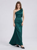 Peacock Satin Sheath One Shoulder Side Zip Floor-Length Bridesmaid Dress with Bow - Curvevia