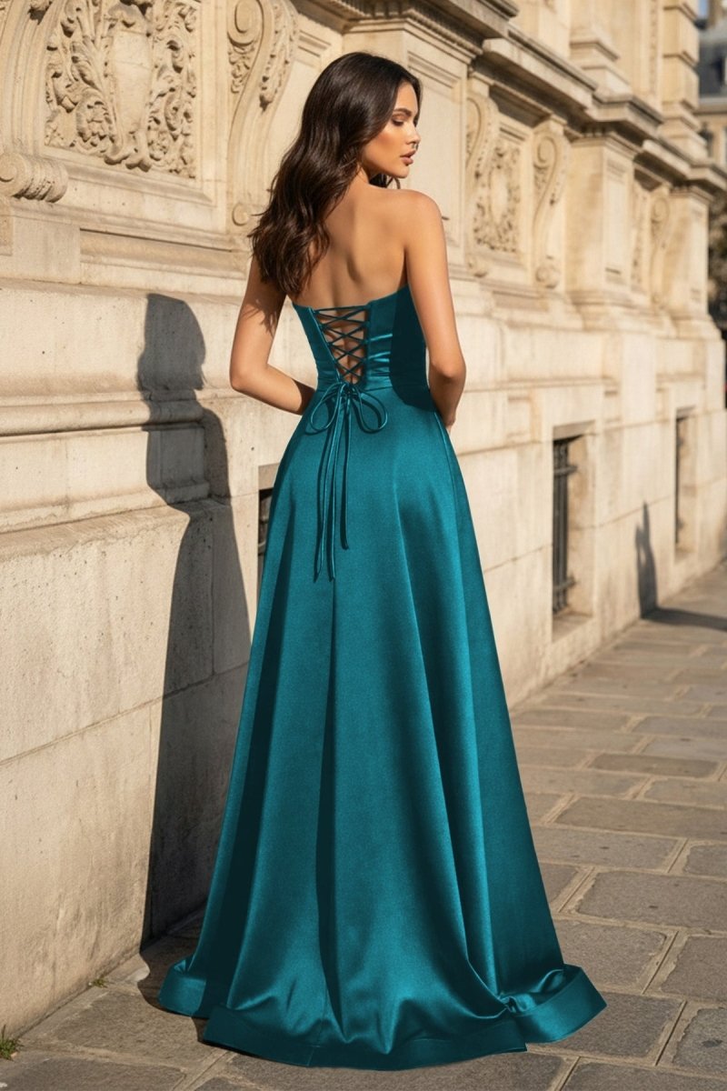 A Line Black Strapless Satin Evening Dress With Slit - Curvevia