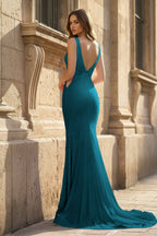 Pink V Neck Mermaid Satin Long Evening Dress With Pearls - Curvevia