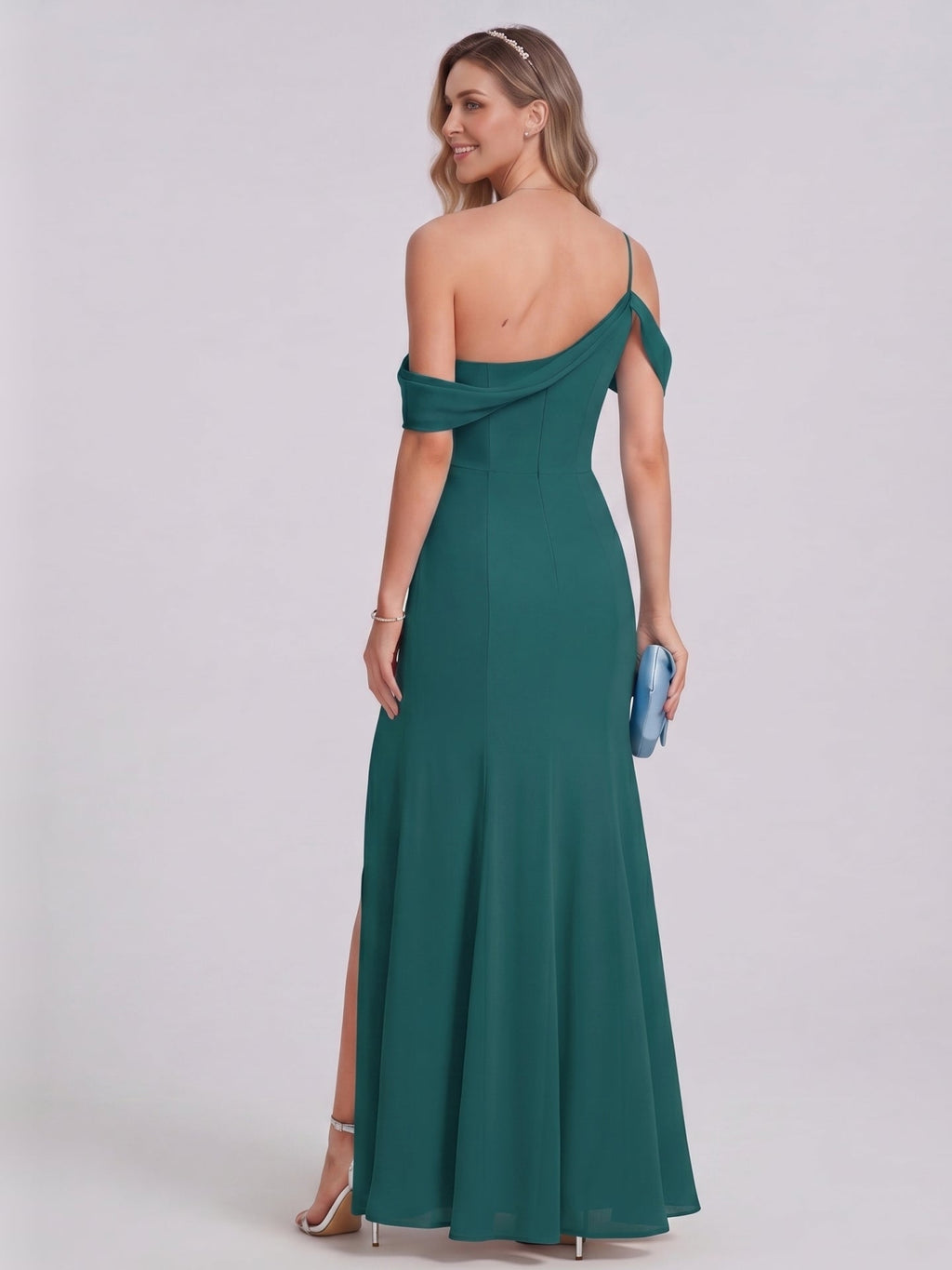 Elegant Peacock Chiffon mermaid Straight Neck Back Zip Ankle-Length Bridesmaid Dress - Curvevia