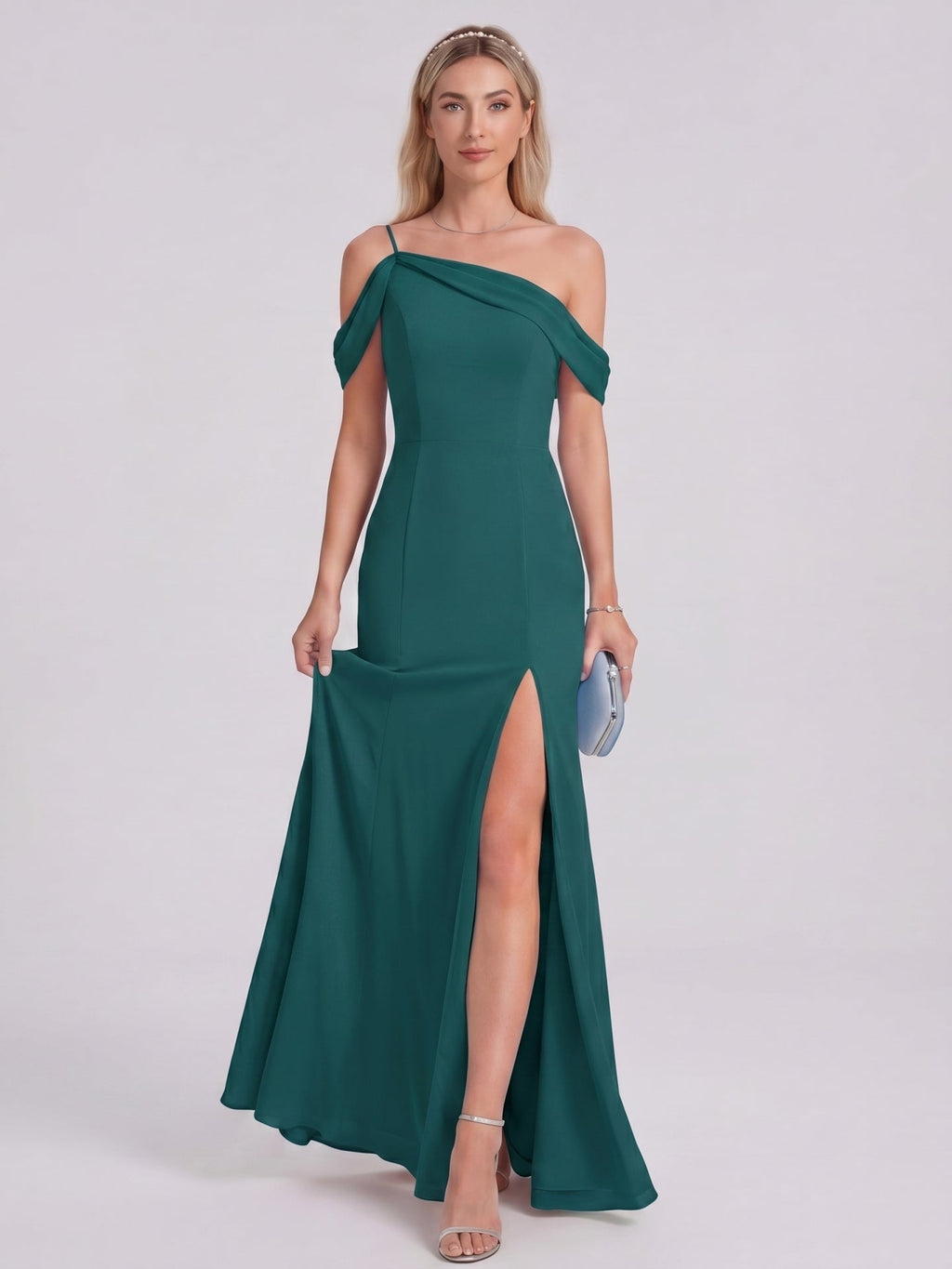 Elegant Peacock Chiffon mermaid Straight Neck Back Zip Ankle-Length Bridesmaid Dress - Curvevia