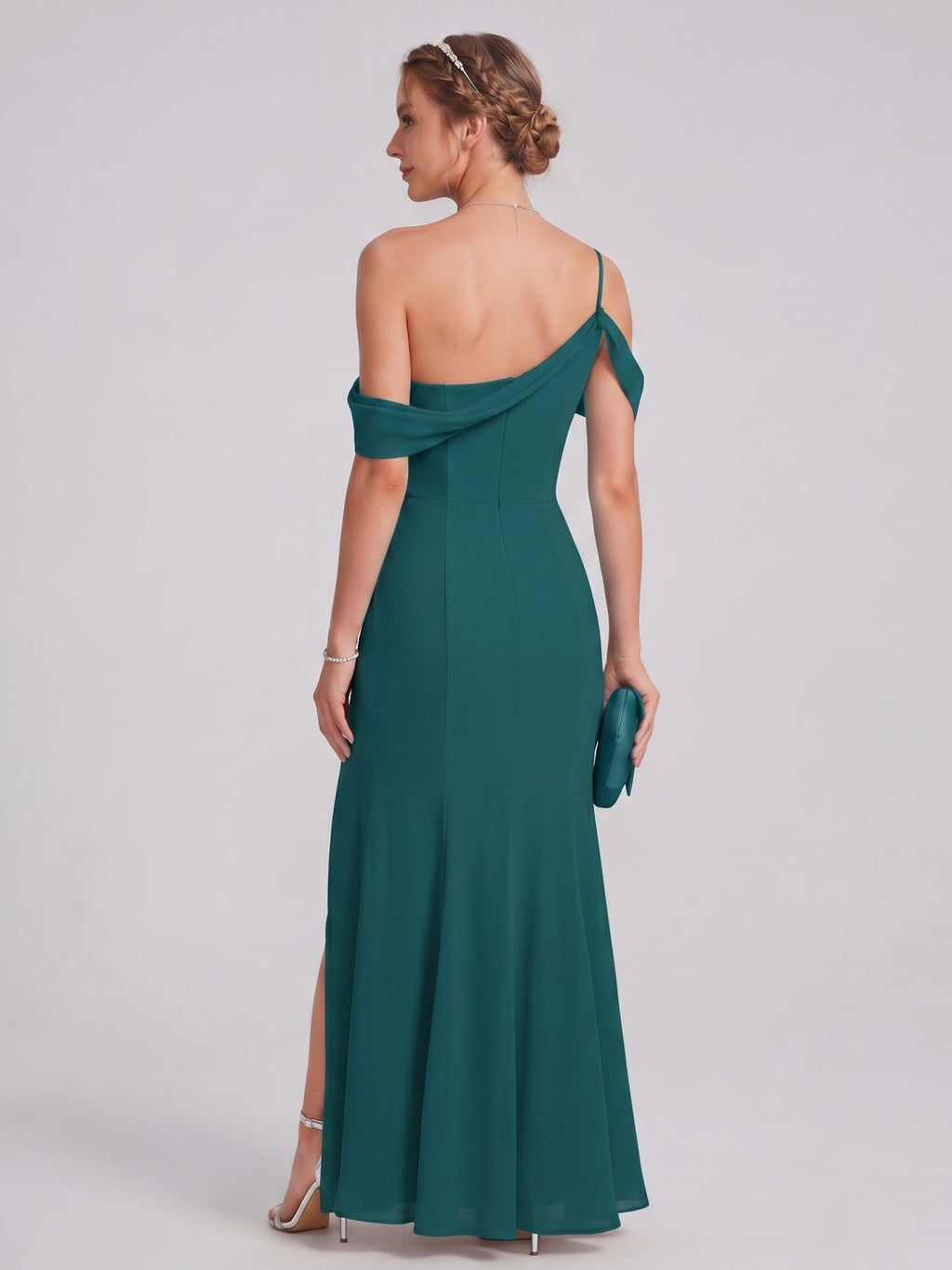 Elegant Peacock Chiffon mermaid Straight Neck Back Zip Ankle-Length Bridesmaid Dress - Curvevia