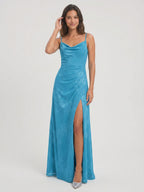 Peacock Blue Chiffon A-Line Cowl Neck Back Zip Floor-Length Bridesmaid Dress with Pleating - Curvevia