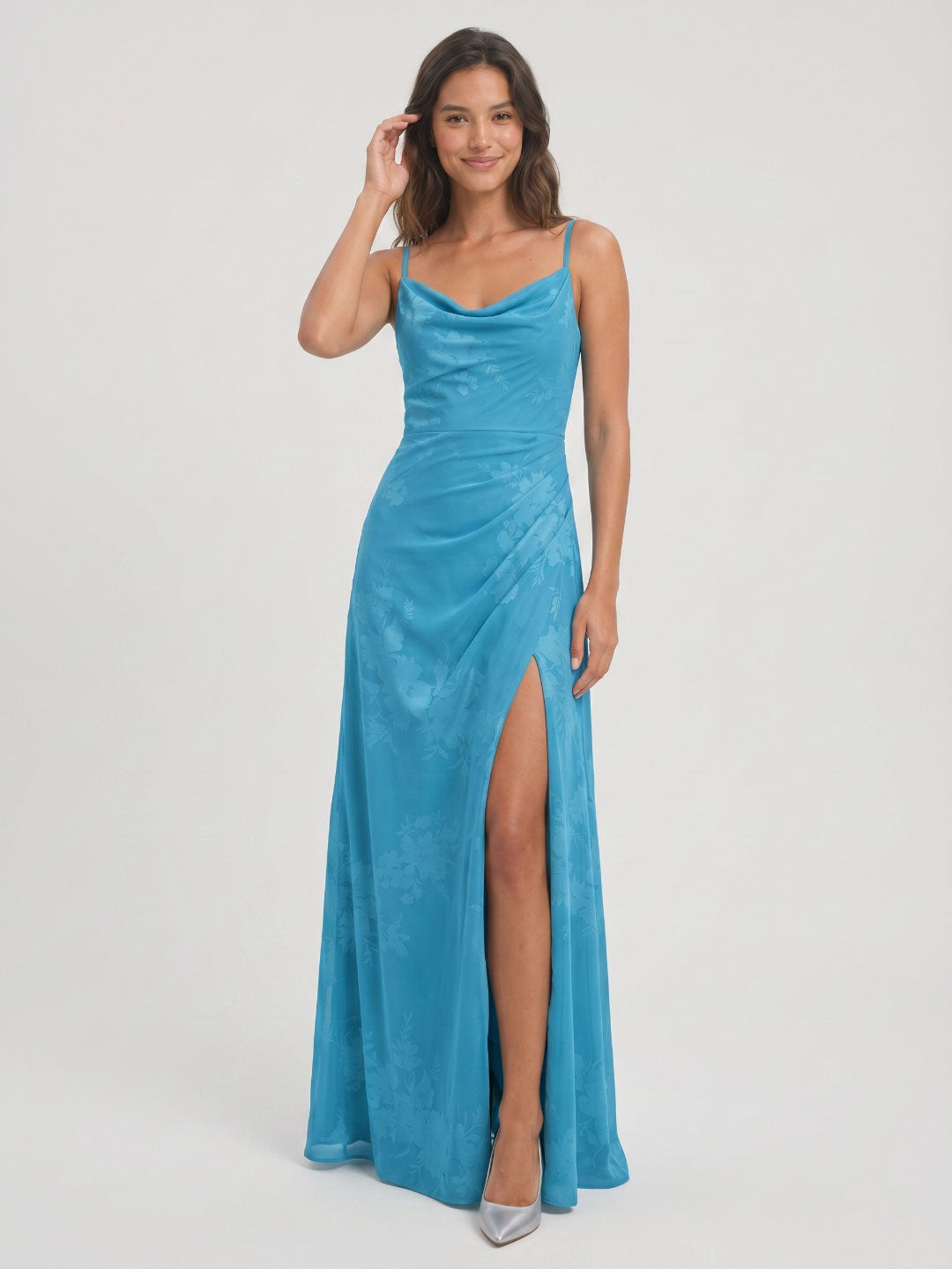 Peacock Blue Chiffon A-Line Cowl Neck Back Zip Floor-Length Bridesmaid Dress with Pleating - Curvevia
