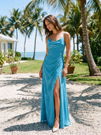 Peacock Blue Chiffon A-Line Cowl Neck Back Zip Floor-Length Bridesmaid Dress with Pleating - Curvevia