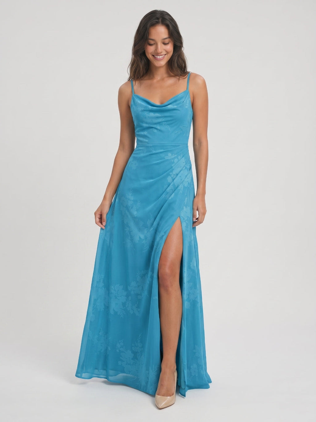 Peacock Blue Chiffon A-Line Cowl Neck Back Zip Floor-Length Bridesmaid Dress with Pleating - Curvevia