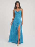 Peacock Blue Chiffon A-Line Cowl Neck Back Zip Floor-Length Bridesmaid Dress with Pleating - Curvevia