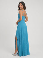 Peacock Blue Chiffon A-Line Cowl Neck Back Zip Floor-Length Bridesmaid Dress with Pleating - Curvevia