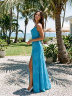 Peacock Blue Chiffon A-Line Cowl Neck Back Zip Floor-Length Bridesmaid Dress with Pleating - Curvevia
