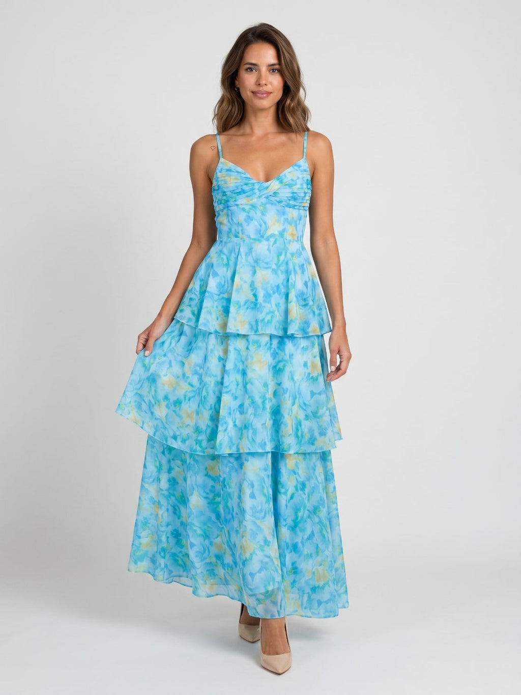Peacock Blue Chiffon A-Line Scoop Neck Back Zip Ankle-Length Dress - Curvevia