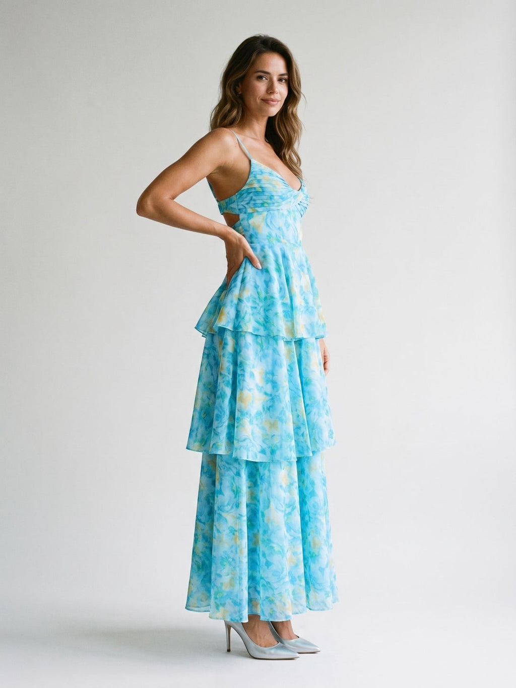 Peacock Blue Chiffon A-Line Scoop Neck Back Zip Ankle-Length Dress - Curvevia