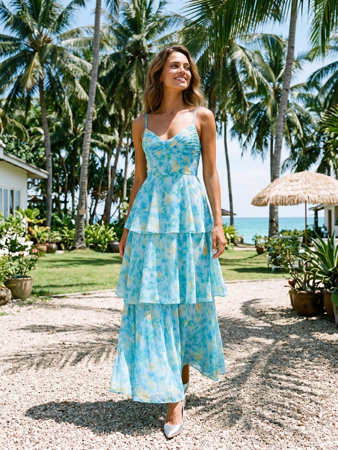 Peacock Blue Chiffon A-Line Scoop Neck Back Zip Ankle-Length Dress - Curvevia