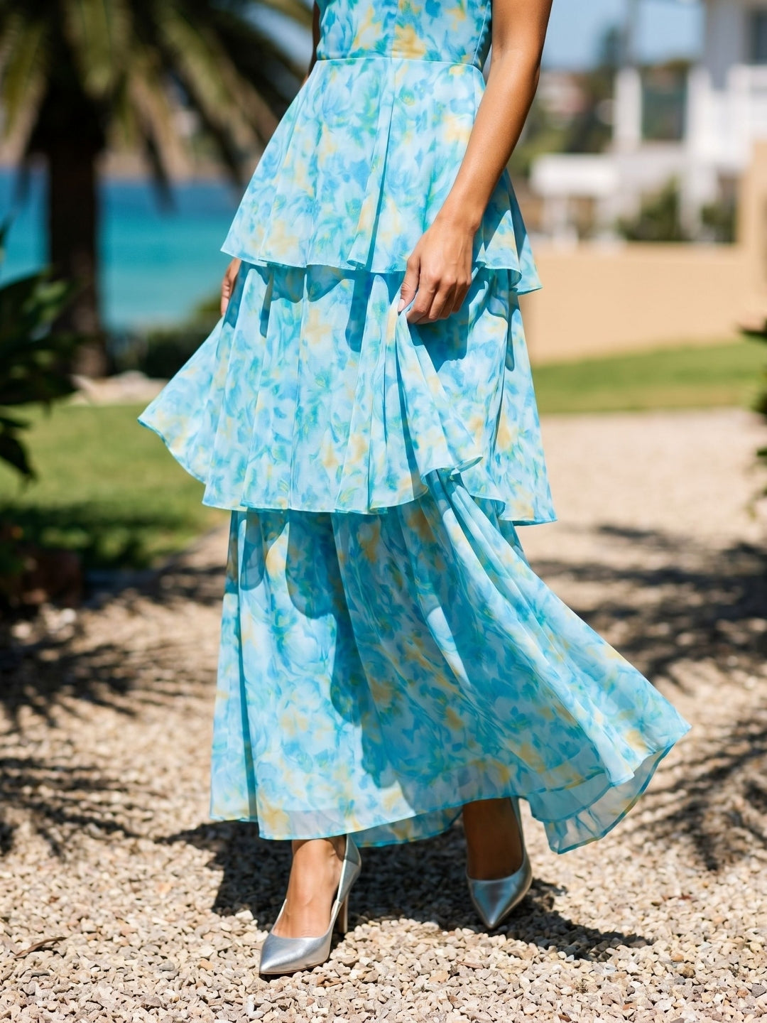 Peacock Blue Chiffon A-Line Scoop Neck Back Zip Ankle-Length Dress - Curvevia