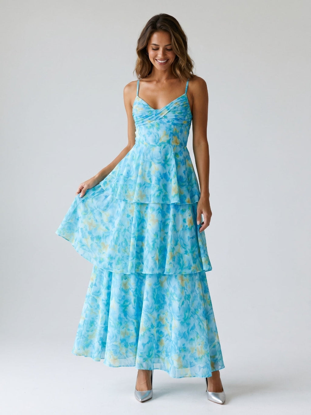 Peacock Blue Chiffon A-Line Scoop Neck Back Zip Ankle-Length Dress - Curvevia