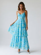Peacock Blue Chiffon A-Line Scoop Neck Back Zip Ankle-Length Dress - Curvevia