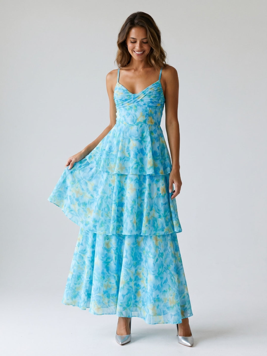 Peacock Blue Chiffon A-Line Scoop Neck Back Zip Ankle-Length Dress - Curvevia