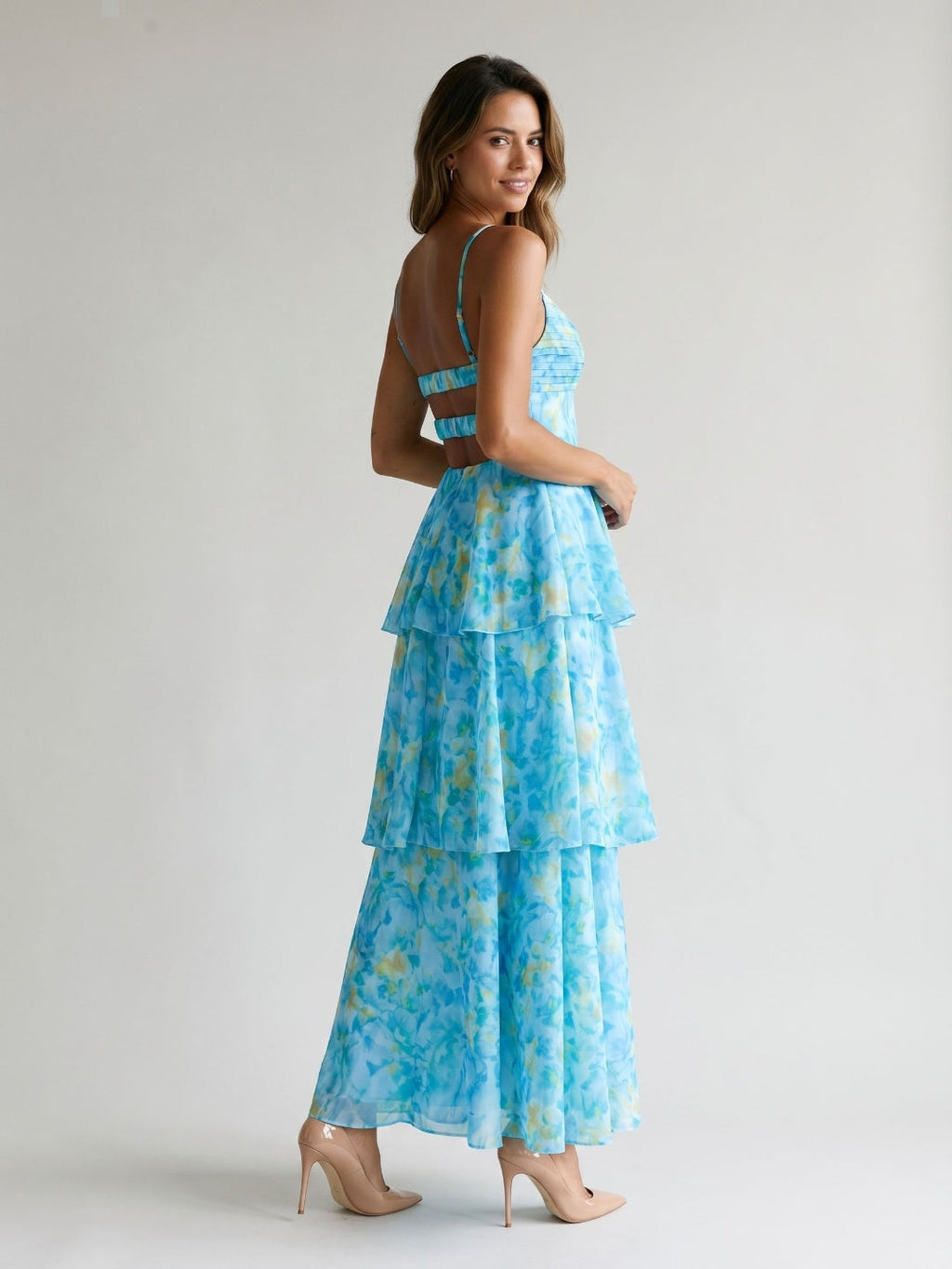 Peacock Blue Chiffon A-Line Scoop Neck Back Zip Ankle-Length Dress - Curvevia