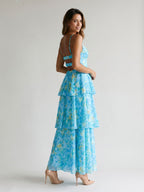 Peacock Blue Chiffon A-Line Scoop Neck Back Zip Ankle-Length Dress - Curvevia
