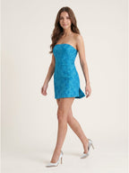 Peacock Blue Jacquard Sheath Off-the-Shoulder Backless Short Evening Dress - Curvevia