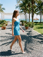 Peacock Blue Jacquard Sheath Off-the-Shoulder Backless Short Evening Dress - Curvevia
