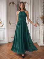 Peacock Chiffon A-Line Halter Criss-Cross Back Floor-Length Pleated Bridesmaid Dress - Curvevia