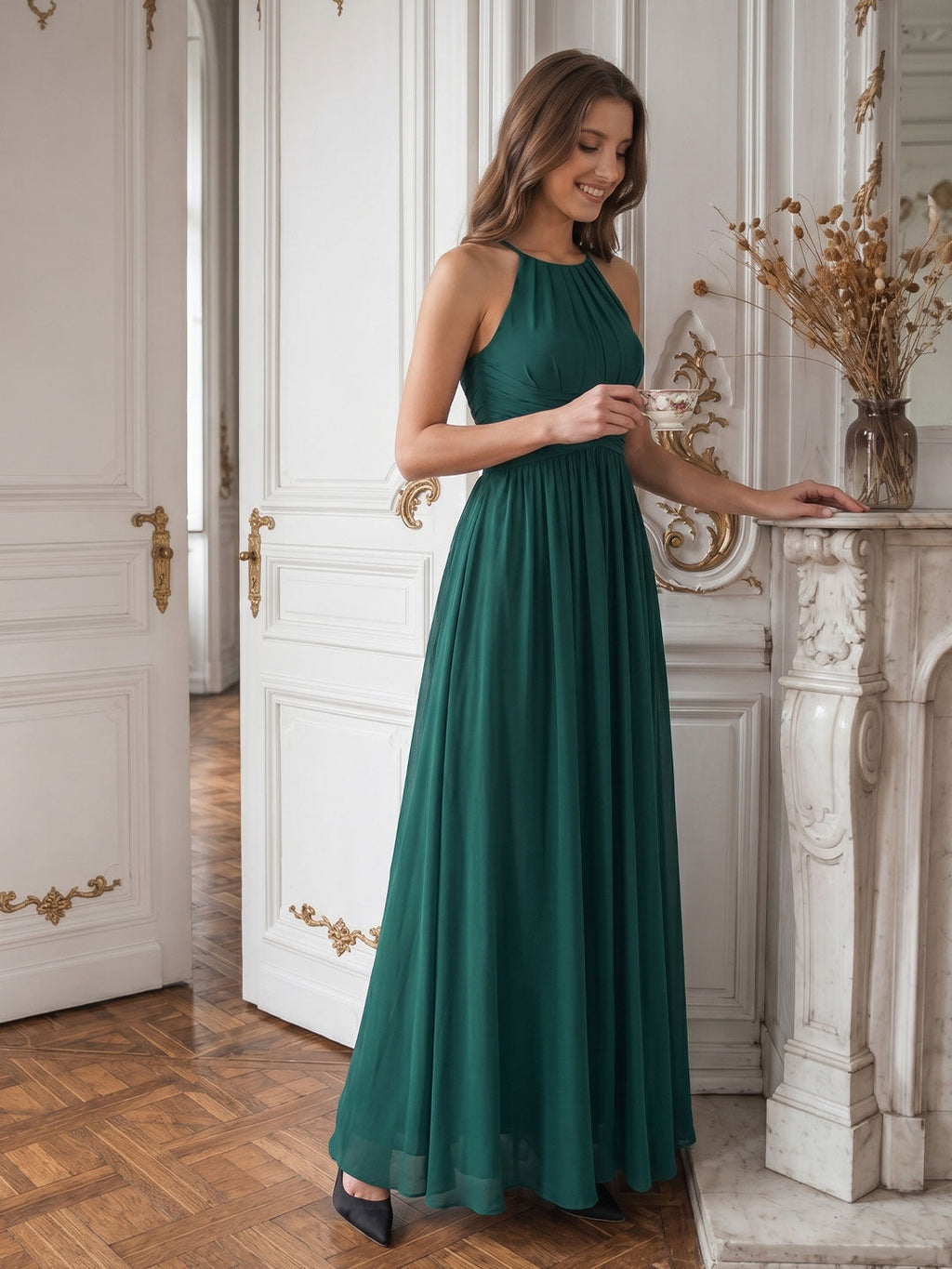 Peacock Chiffon A-Line Halter Criss-Cross Back Floor-Length Pleated Bridesmaid Dress - Curvevia