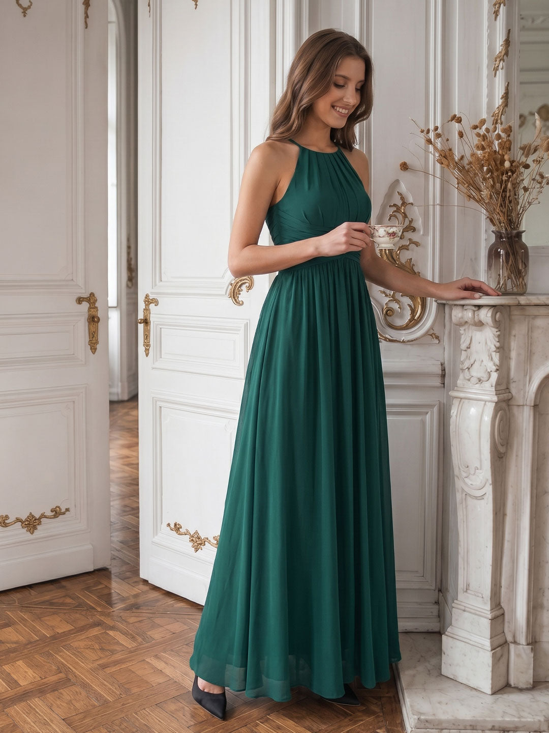 Peacock Chiffon A-Line Halter Criss-Cross Back Floor-Length Pleated Bridesmaid Dress - Curvevia