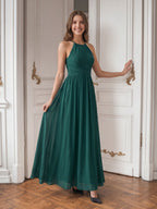 Peacock Chiffon A-Line Halter Criss-Cross Back Floor-Length Pleated Bridesmaid Dress - Curvevia