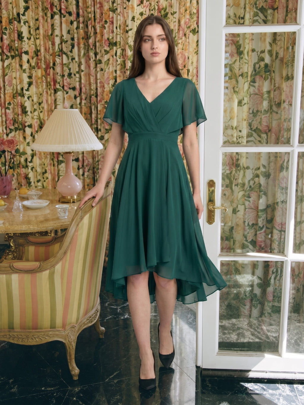 Peacock Chiffon A-Line V-Neck Back Zip Asymmetrical Pleated Bridesmaid Dress - Curvevia