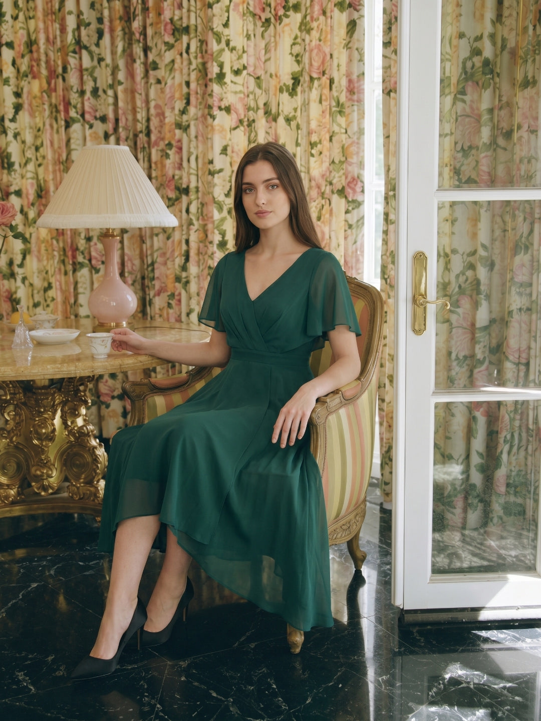 Peacock Chiffon A-Line V-Neck Back Zip Asymmetrical Pleated Bridesmaid Dress - Curvevia